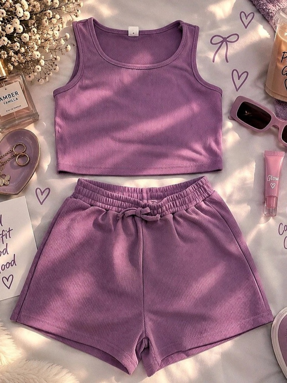 SHEIN Purple Ribbed Crop Top & High-Waist Shorts Set